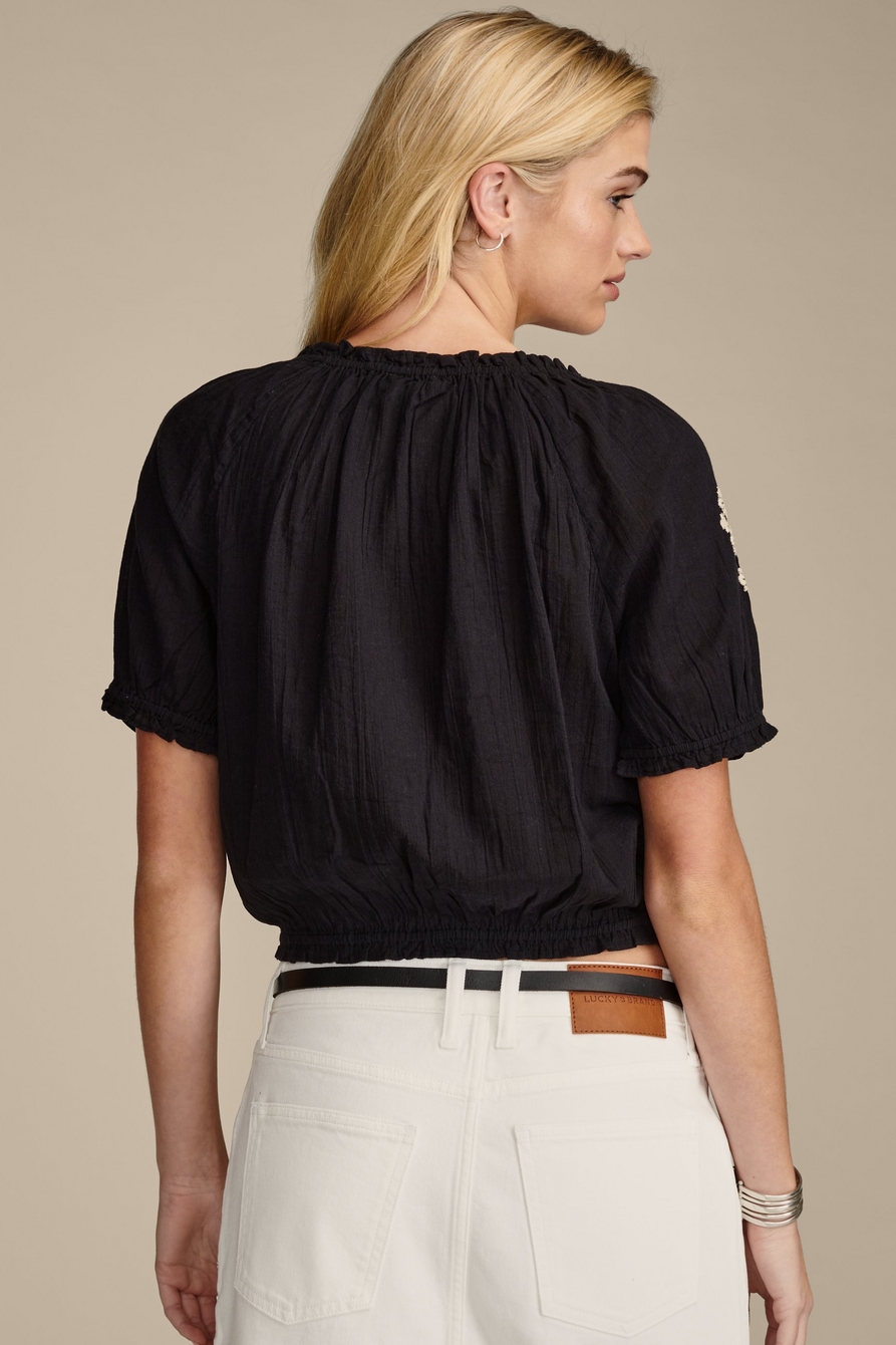 short sleeve geo embroidered peasant top